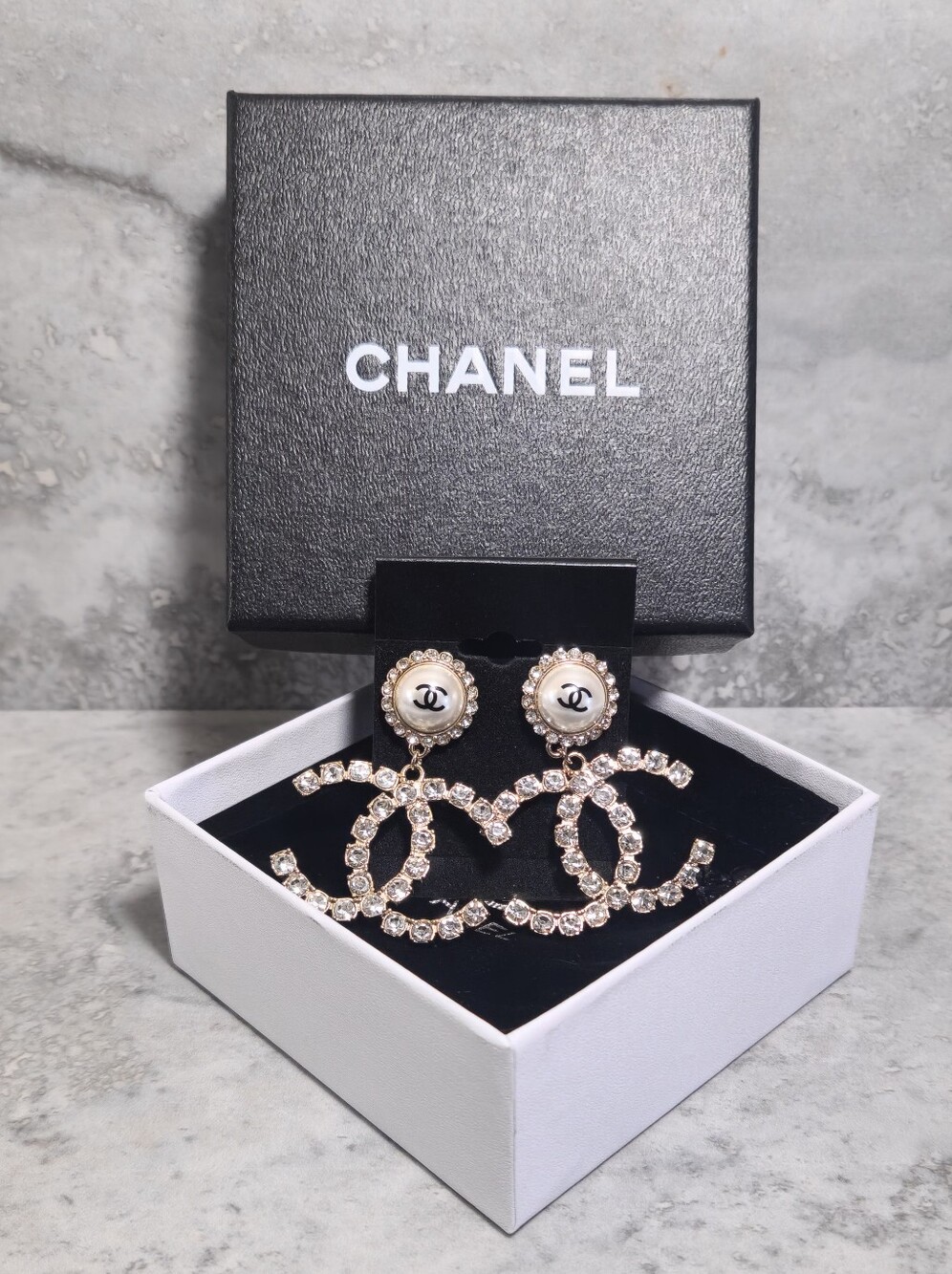 CHANEL Gold-Tone Crystal CC Drop Earrings with Pearl Logo